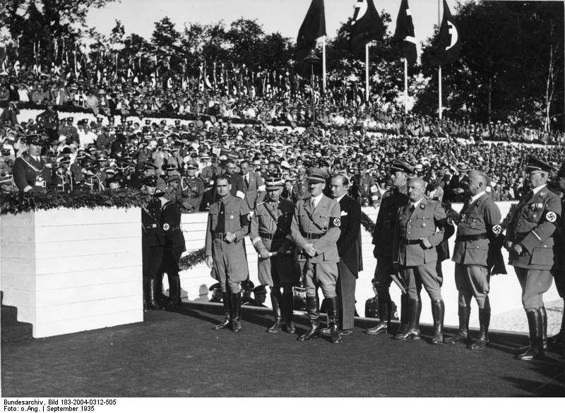 Rudolf Heß, Adolf Hitler, and Julius Streicher at the Party rally, Nürnberg